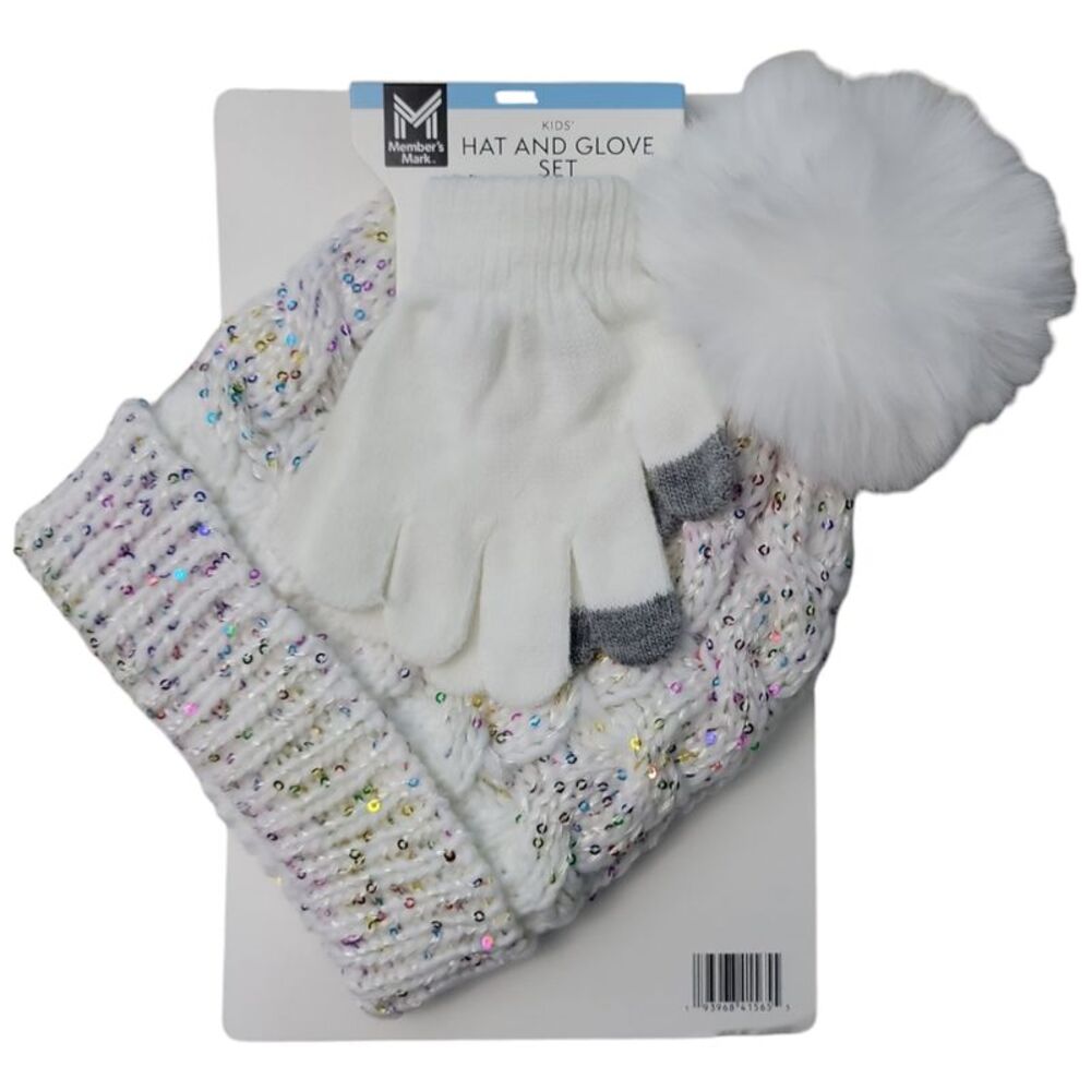 Member's Mark Kids Warm & Cozy Knit Hat and Glove Set - White